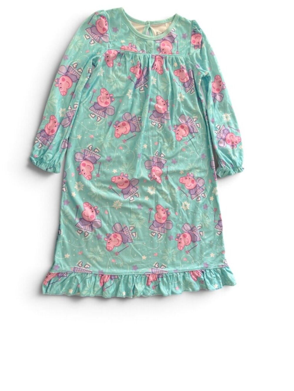 NWT Peppa Pig Fairy Print Girls Long Sleeve Nightgown Teal Ruffle Hem Pajama